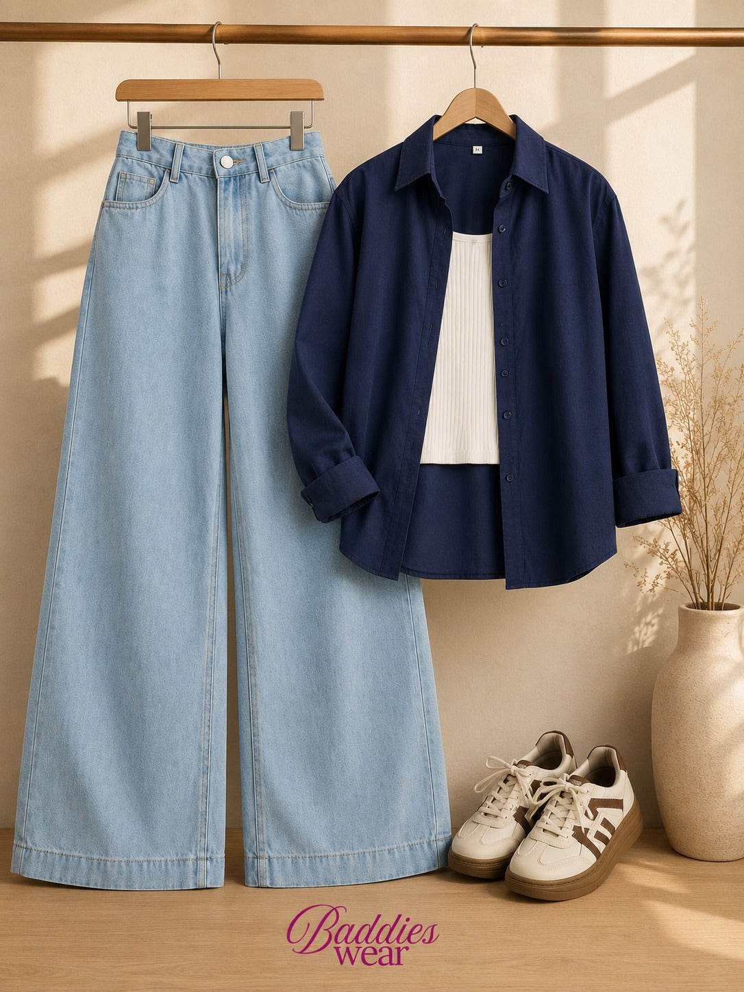 Navy Blue Button-Down Shirt With White Tank Top & Sky Blue Wide Leg Jeans
