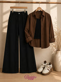 Dark Brown Button-Down Shirt With Black Tank Top & Black Wide Leg Jeans