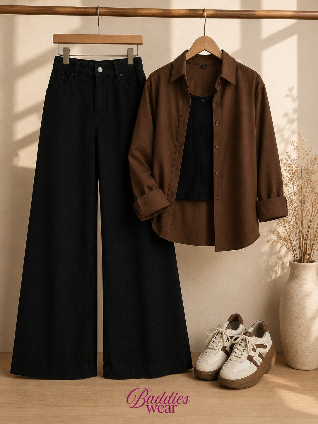 Dark Brown Button-Down Shirt With Black Tank Top & Black Wide Leg Jeans
