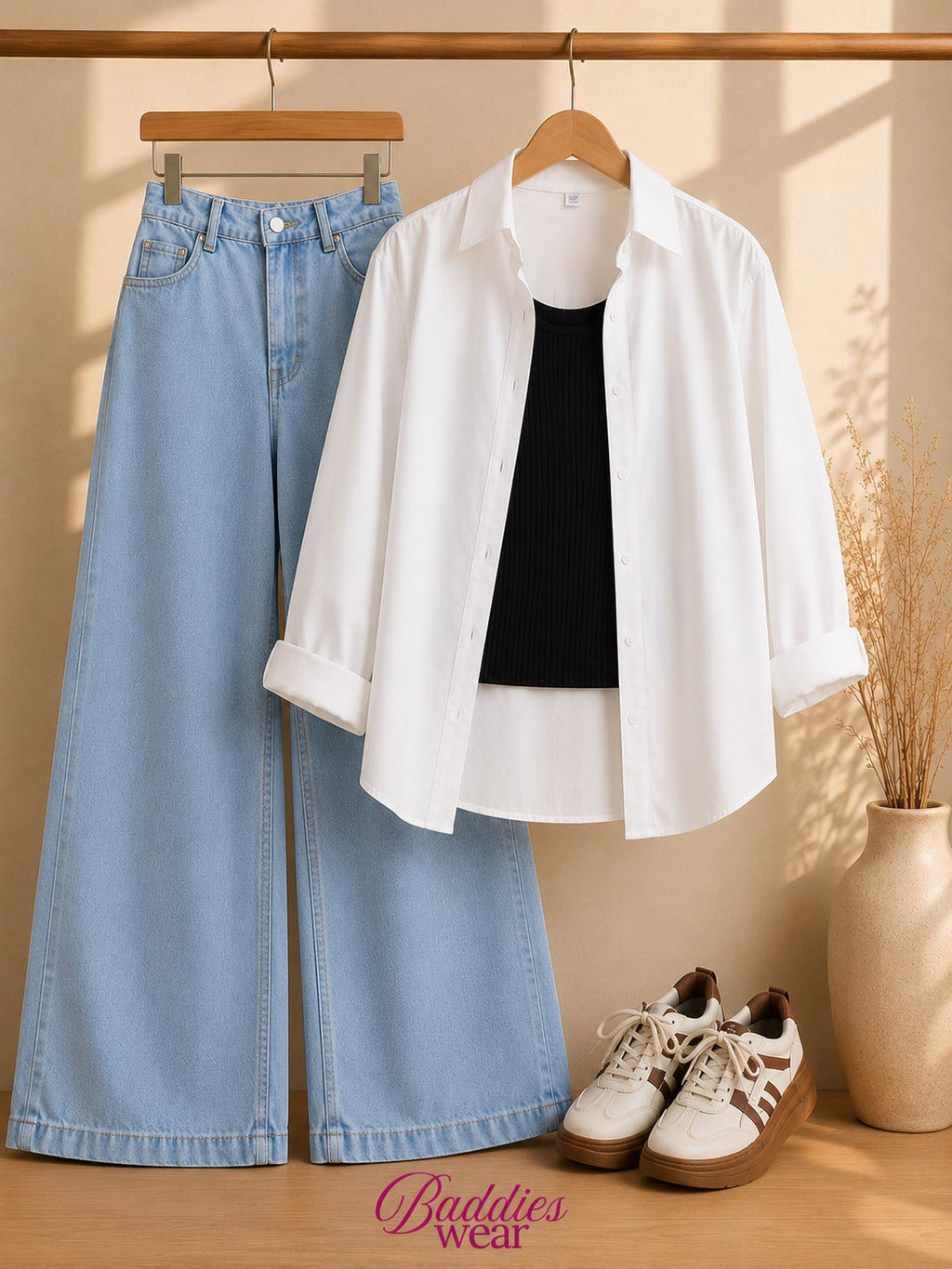 White Button-Down Shirt With Black Tank Top & Sky Blue Wide Leg Jeans
