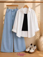 White Button-Down Shirt With Black Tank Top & Sky Blue Wide Leg Jeans