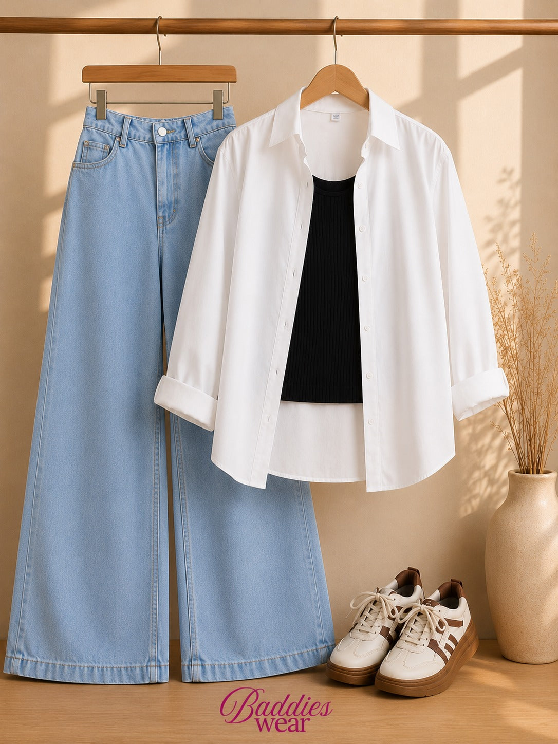 White Button-Down Shirt With Black Tank Top & Sky Blue Wide Leg Jeans