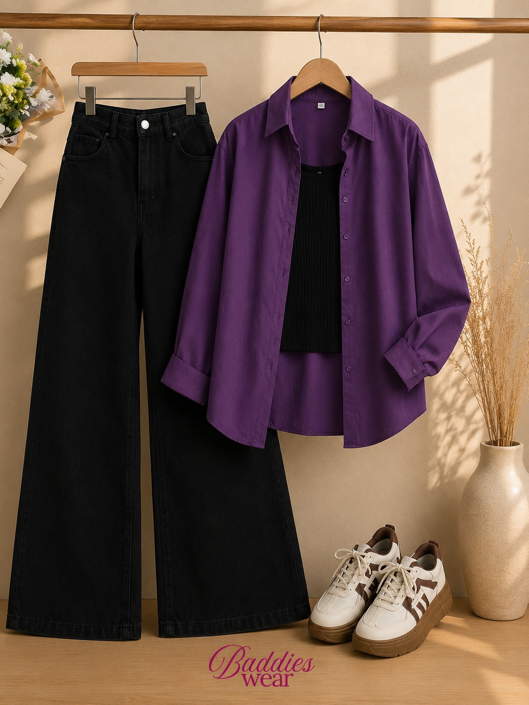 Purple Button-Down Shirt With Black Tank Top & Black Wide Leg Jeans