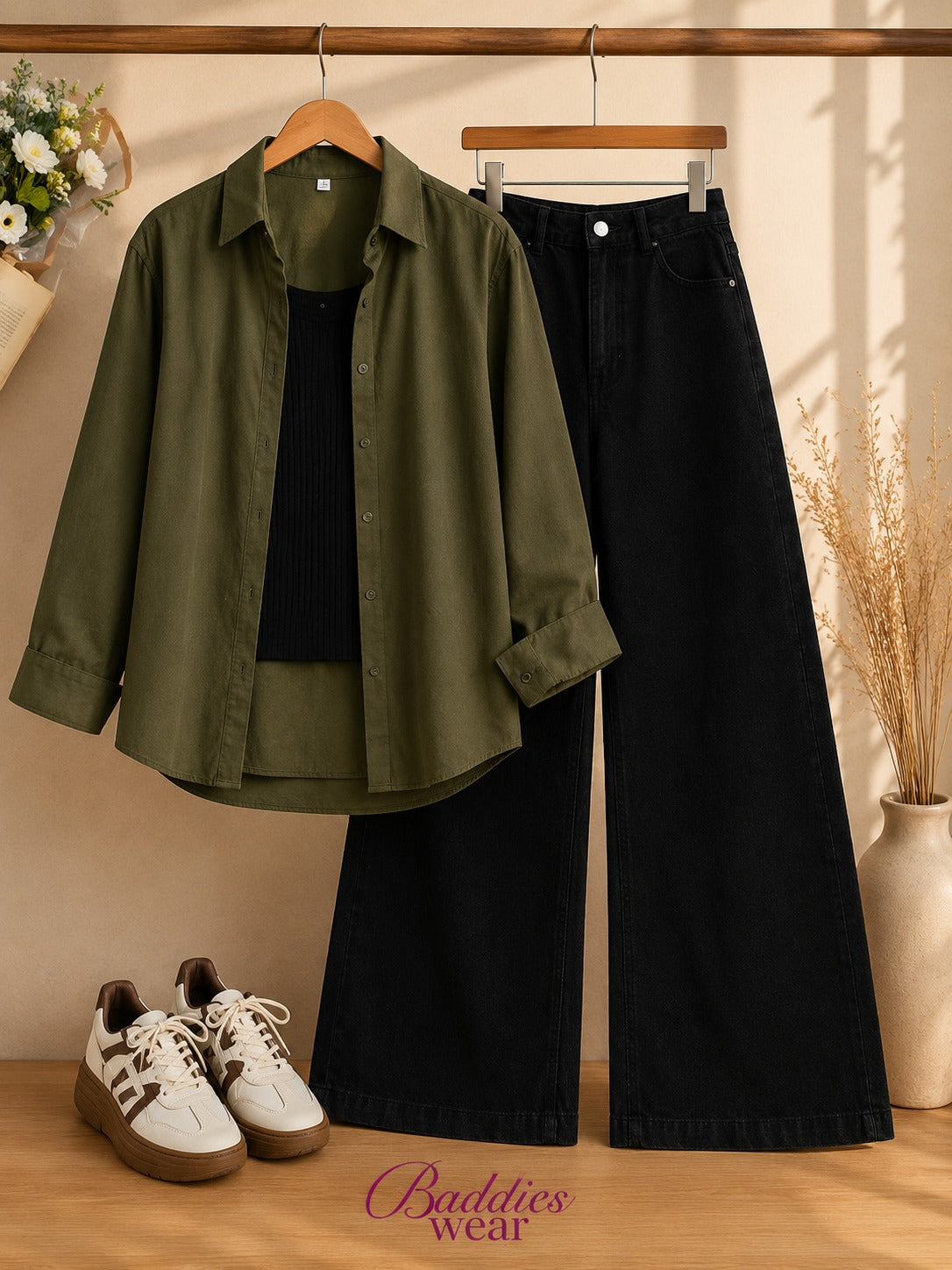 Olive Green Button-Down Shirt With Black Tank Top & Black Wide Leg Jeans