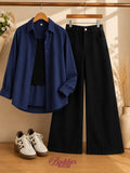 Blue Button-Down Shirt With Black Tank Top & Black Wide Leg Jeans