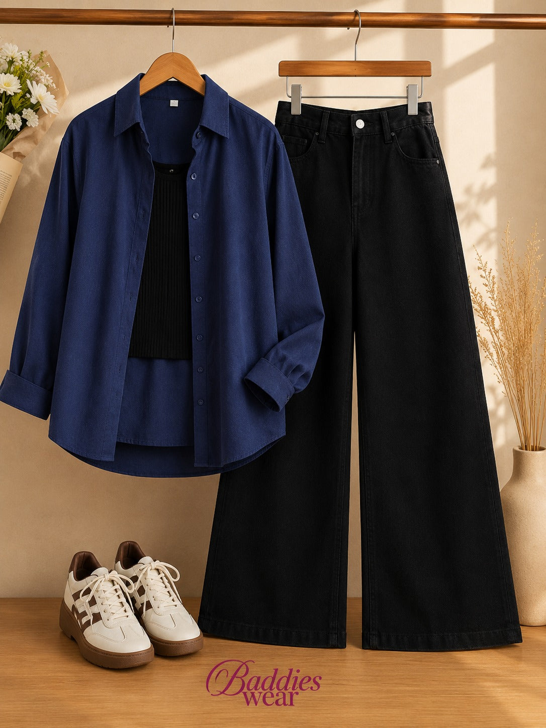 Blue Button-Down Shirt With Black Tank Top & Black Wide Leg Jeans