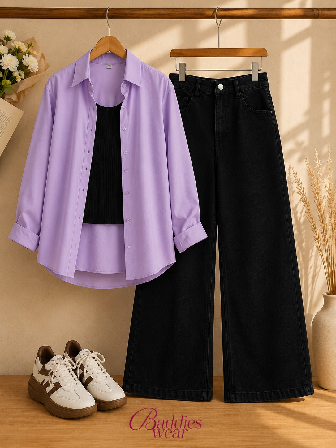 Lilac Button-Down Shirt With Black Tank Top & Black Wide Leg Jeans