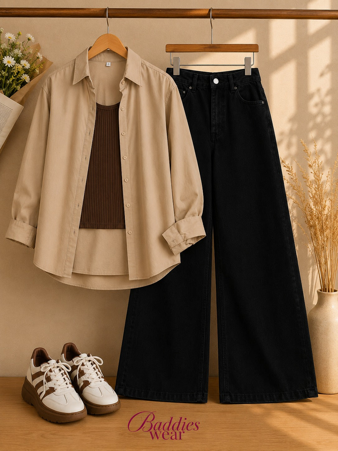 Beige Button-Down Shirt With Brown Tank Top & Black Wide Leg Jeans