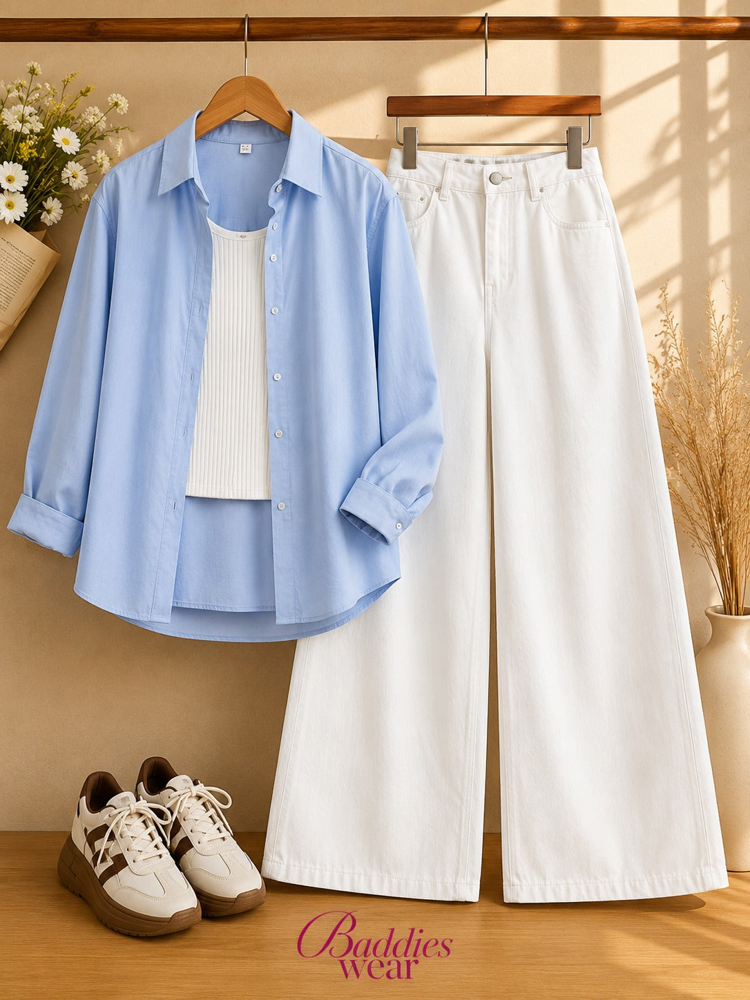 Sky Blue Button-Down Shirt With White Tank Top & White Wide Leg Jeans