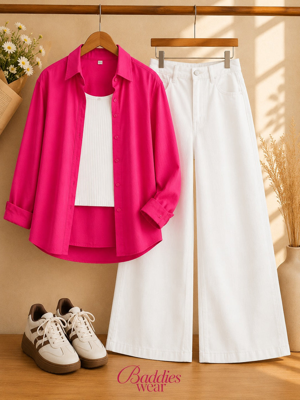 Pink Button-Down Shirt With White Tank Top & White Wide Leg Jeans