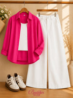 Pink Button-Down Shirt With White Tank Top & White Wide Leg Jeans