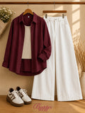 Burgundy Button-Down Shirt With Beige Tank Top & White Wide Leg Jeans