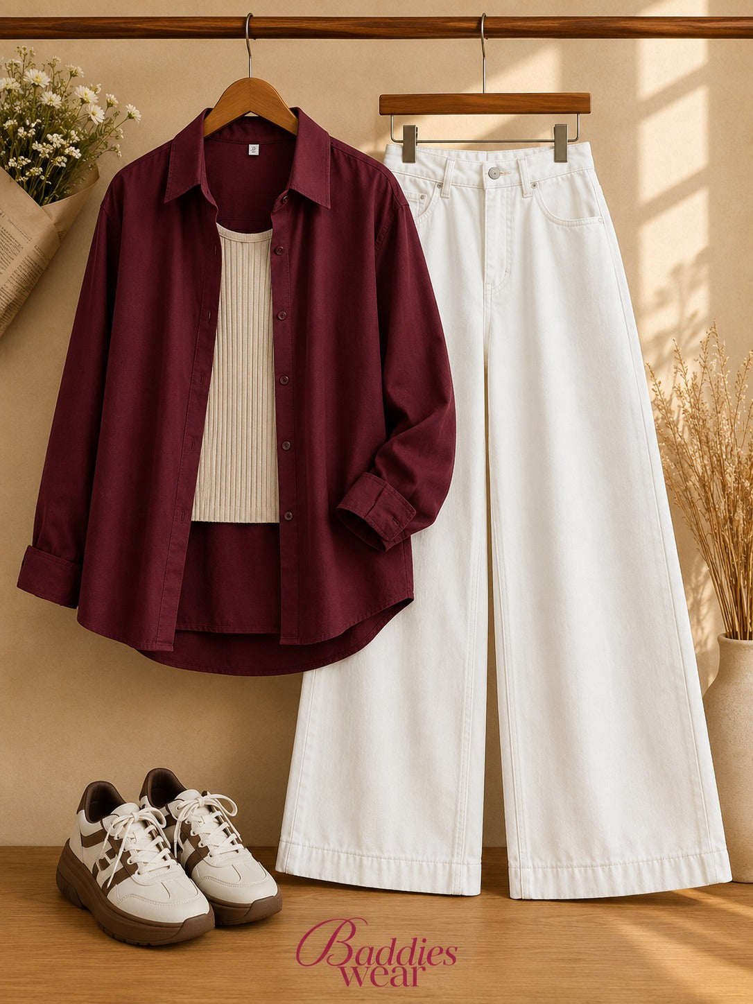 Burgundy Button-Down Shirt With Beige Tank Top & White Wide Leg Jeans