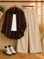 Dark Brown Button-Down Shirt With White Tank Top & Beige Wide Leg Jeans