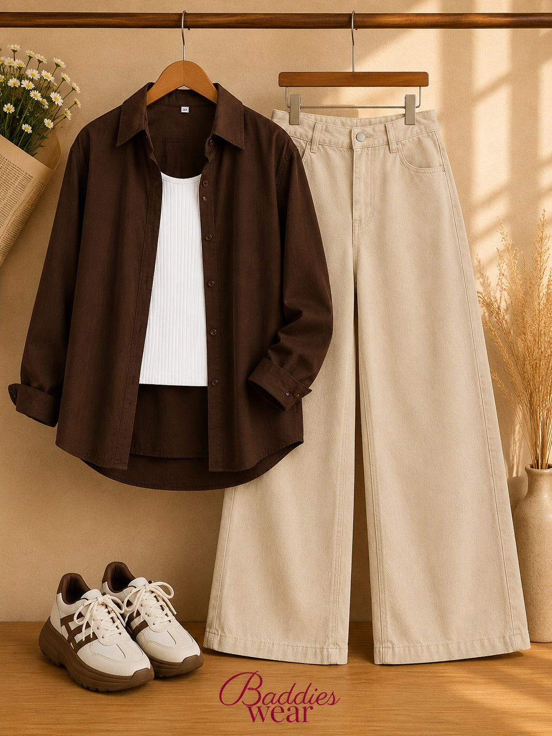 Dark Brown Button-Down Shirt With White Tank Top & Beige Wide Leg Jeans