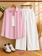 Baby Pink Button-Down Shirt With White Tank Top & White Wide Leg Jeans