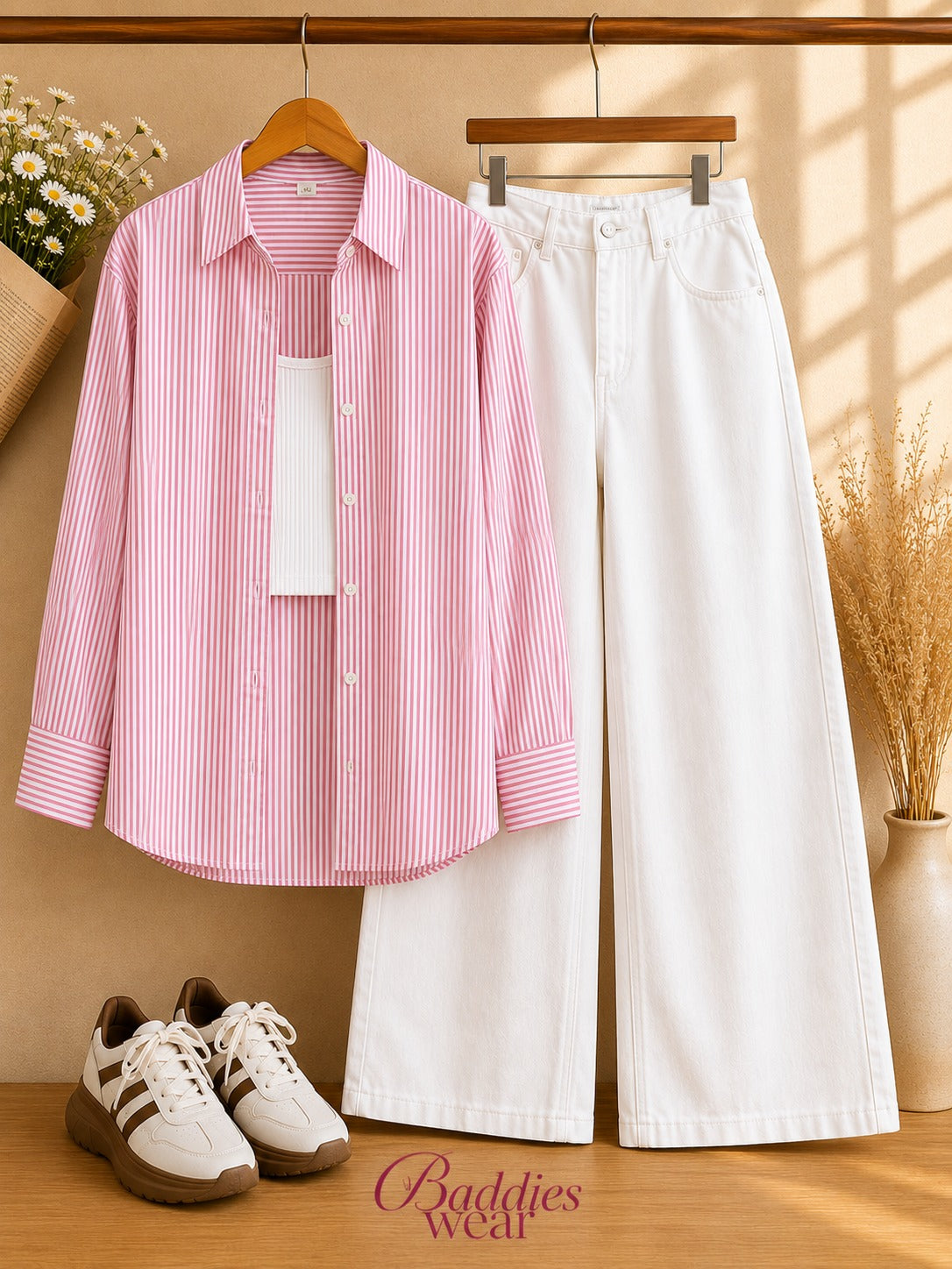 Baby Pink Button-Down Shirt With White Tank Top & White Wide Leg Jeans