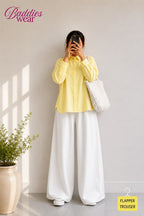 Pale-Yellow Button Down Shirt & White Flapper Trouser