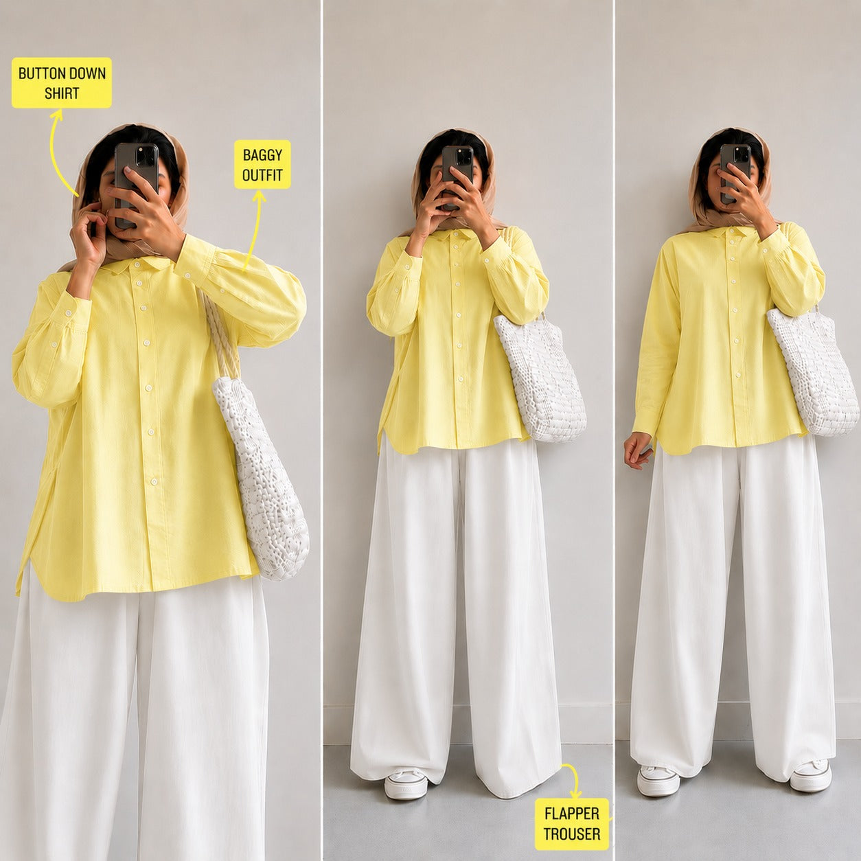 Pale-Yellow Button Down Shirt & White Flapper Trouser