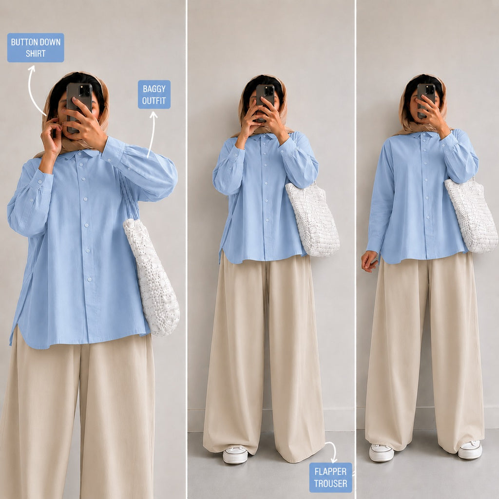 Sky Blue Button Down Shirt & Beige Flapper Trouser