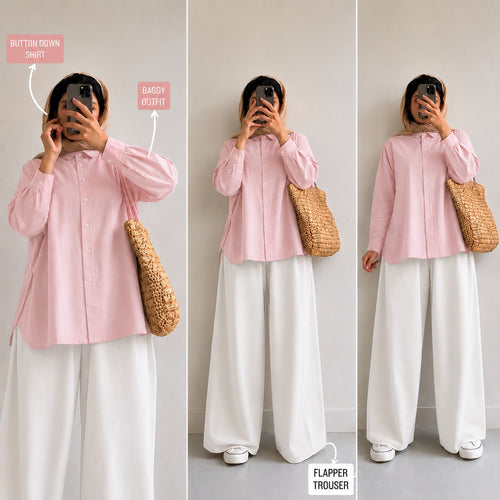 Three-panel mirror selfie showing an outfit with a light pink long-sleeve button-down shirt, white flared trousers, and a woven straw tote bag. Text labels identify the shirt as button-down shirt, the bag as baggy outfit, and the pants as flapper trouser.