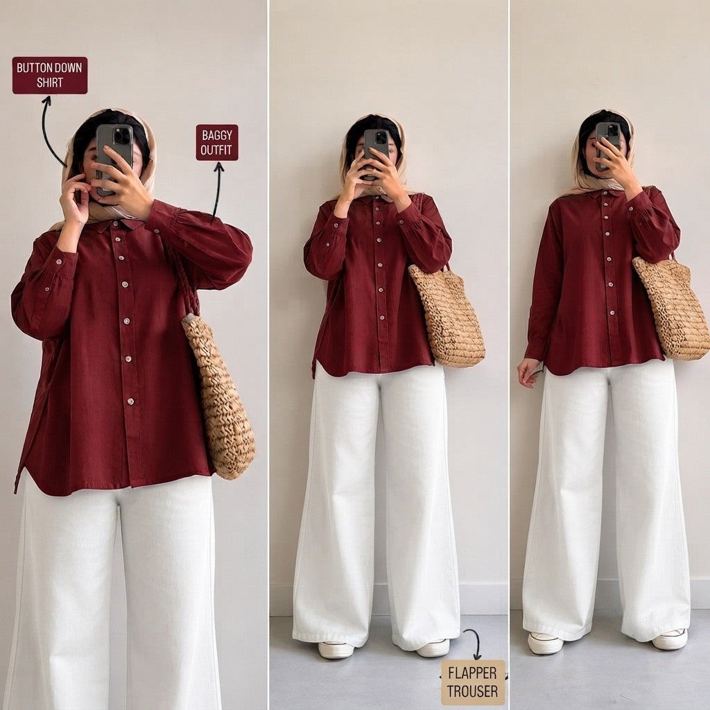 Burgundy Button Down Shirt & White Flapper Trouser