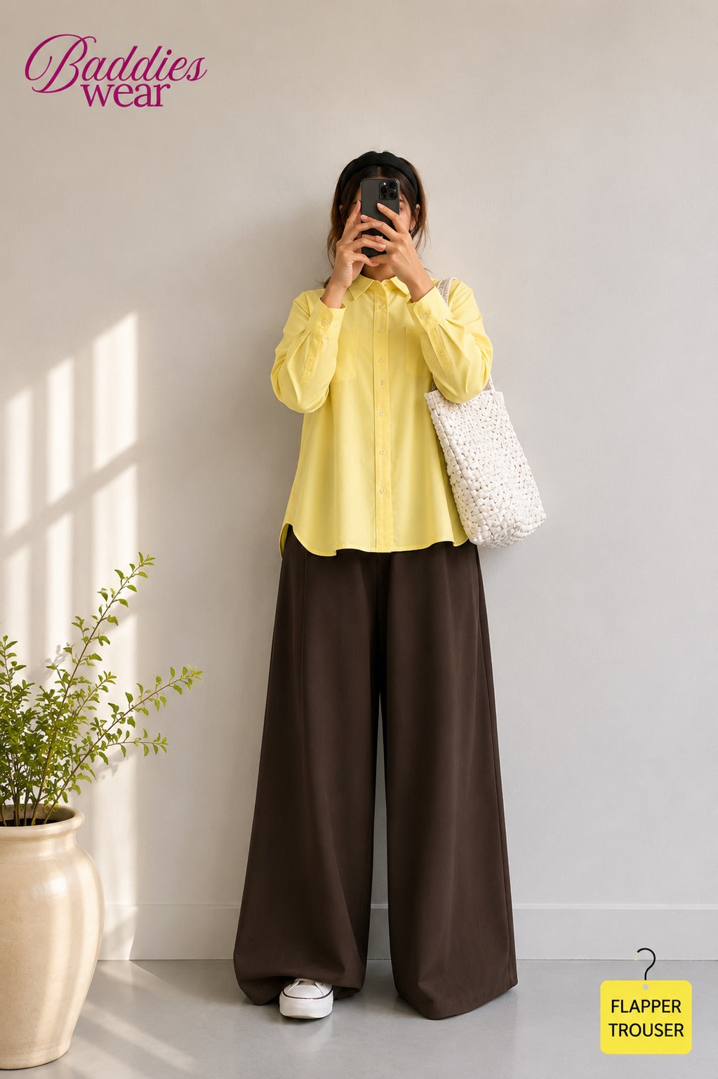 Pale Yellow Button Down Shirt & Chocolate Brown  Flapper Trouser