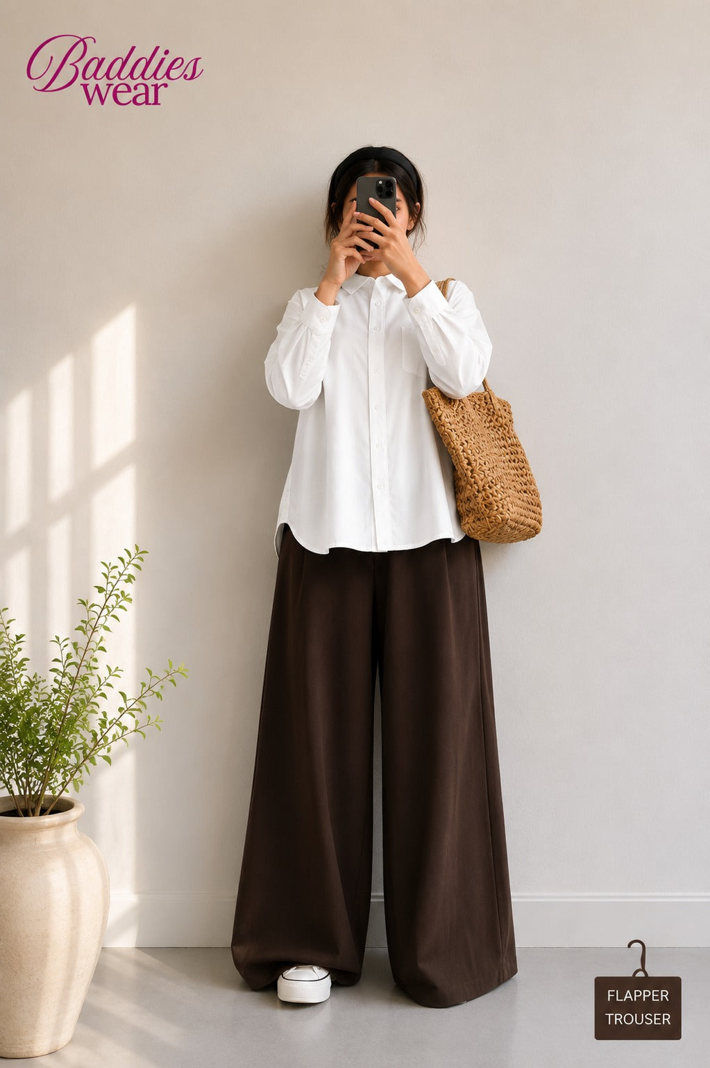 White Button Down Shirt & Dark Brown Flapper Trouser