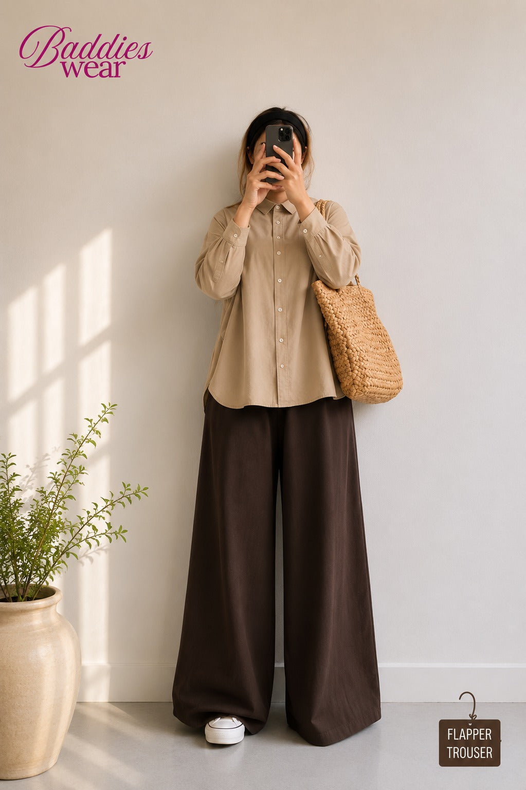 Beige Button Down Shirt & Chocolate Brown Flapper Trouser