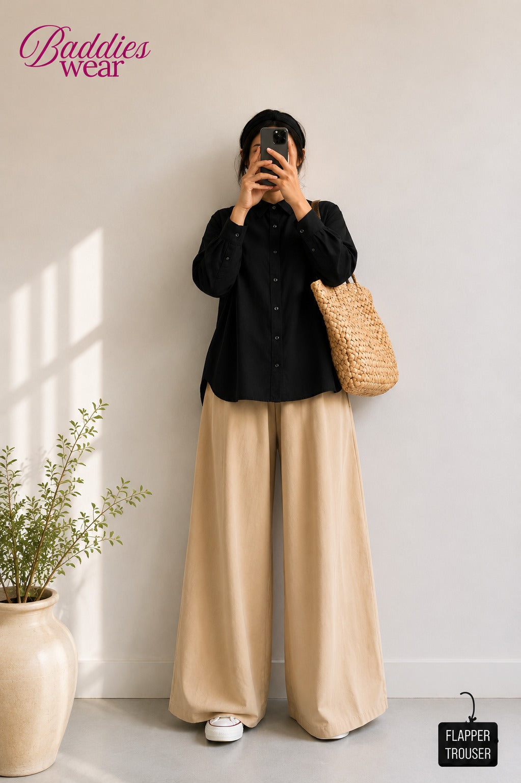 Black Button Down Shirt & Beige Flapper Trouser