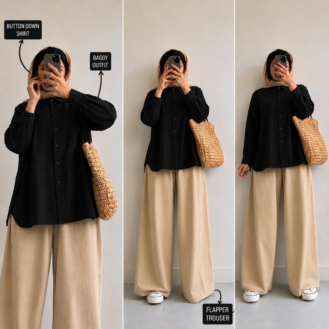 Black Button Down Shirt & Beige Flapper Trouser