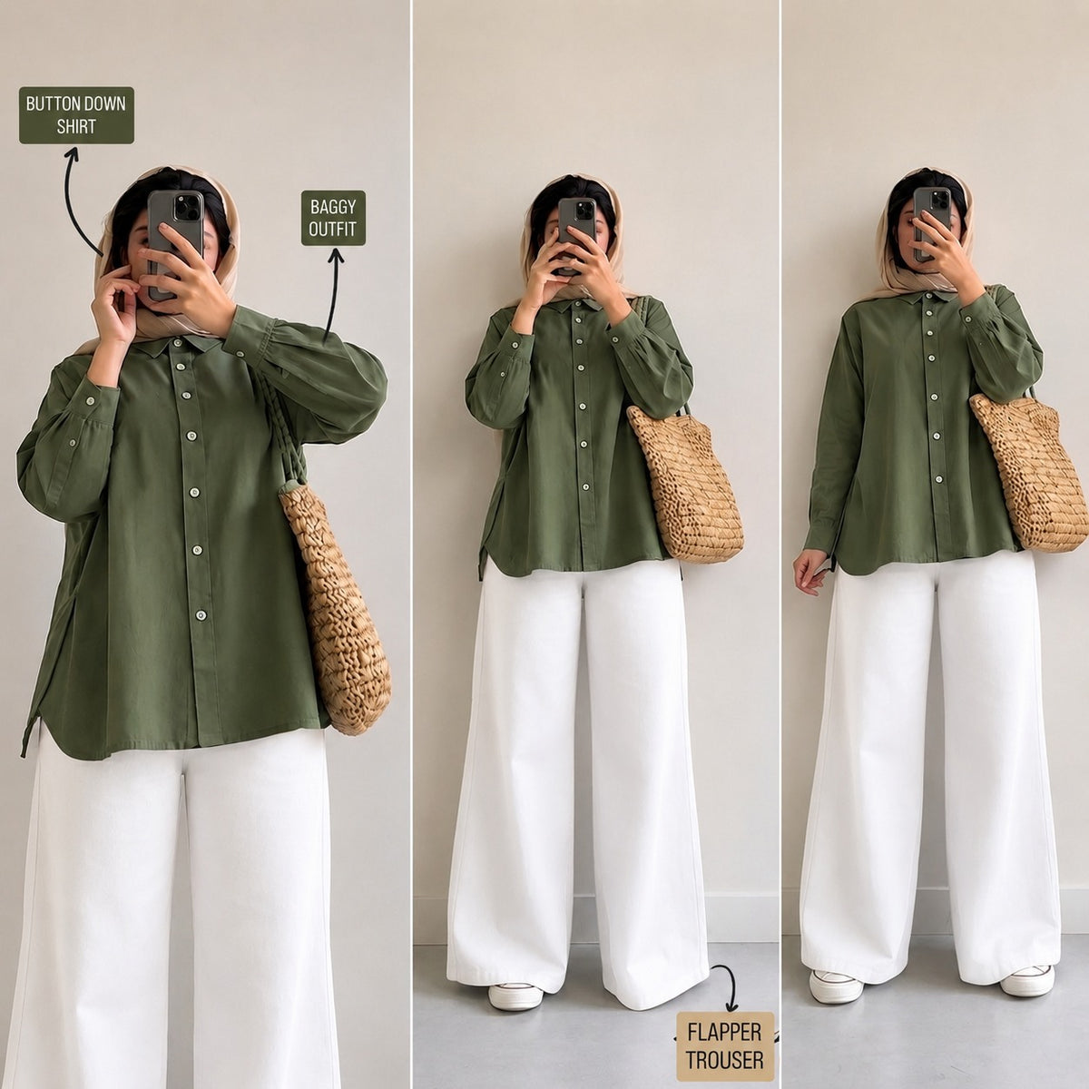 Olive Green Button Down Shirt & White Flapper Trouser
