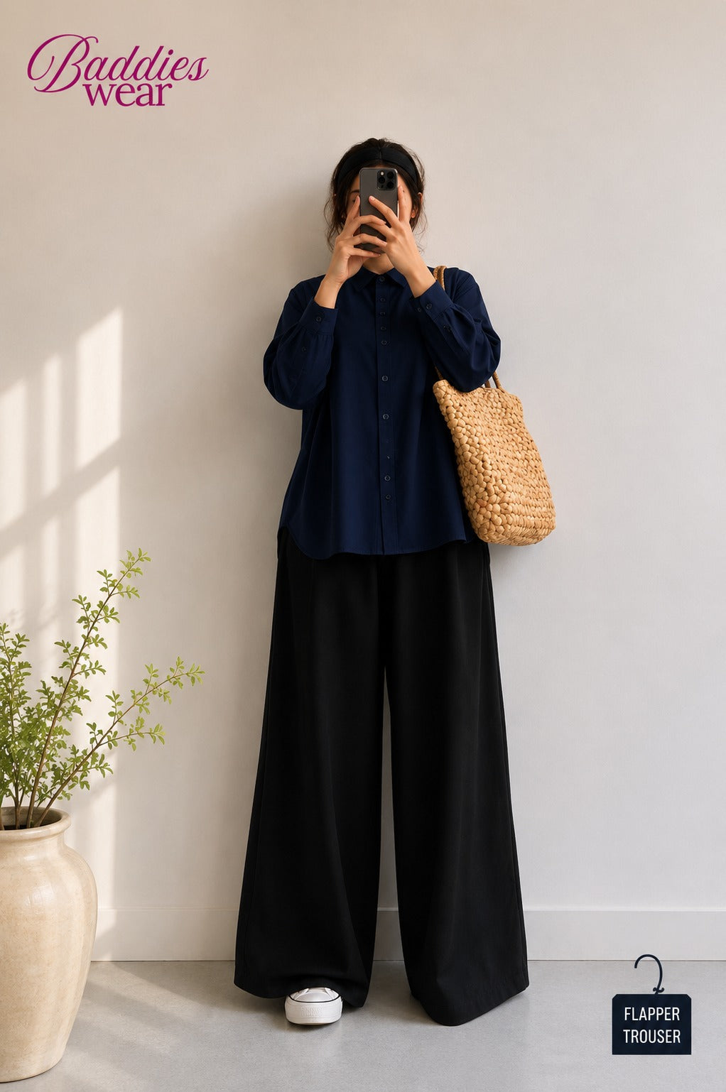 Navy Blue Button Down Shirt & Black Flapper Trouser
