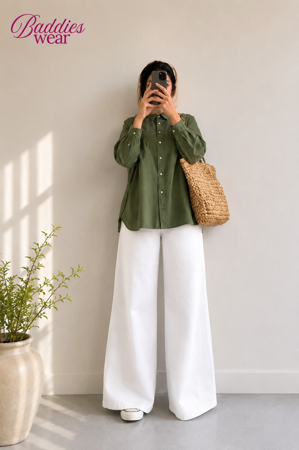 Olive Green Button Down Shirt & White Flapper Trouser