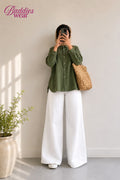 Olive Green Button Down Shirt & White Flapper Trouser