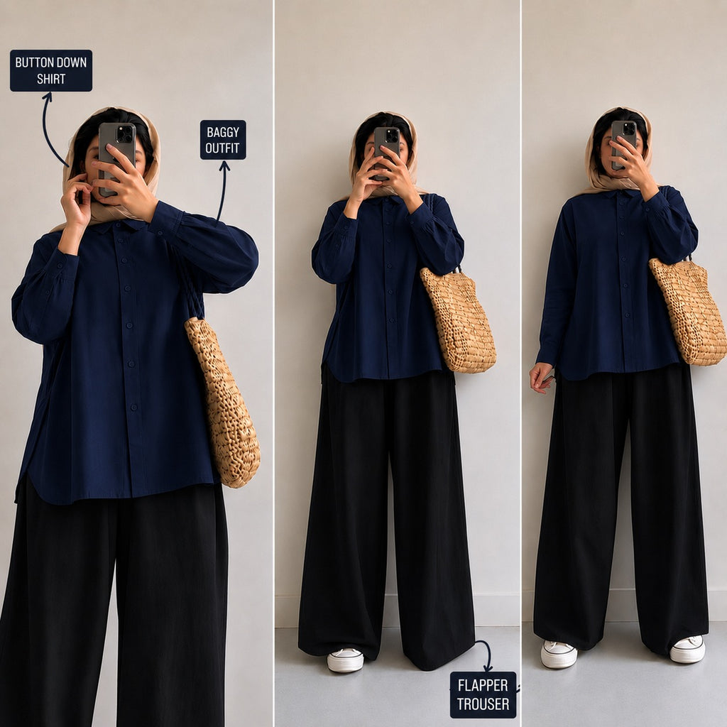 Navy Blue Button Down Shirt & Black Flapper Trouser