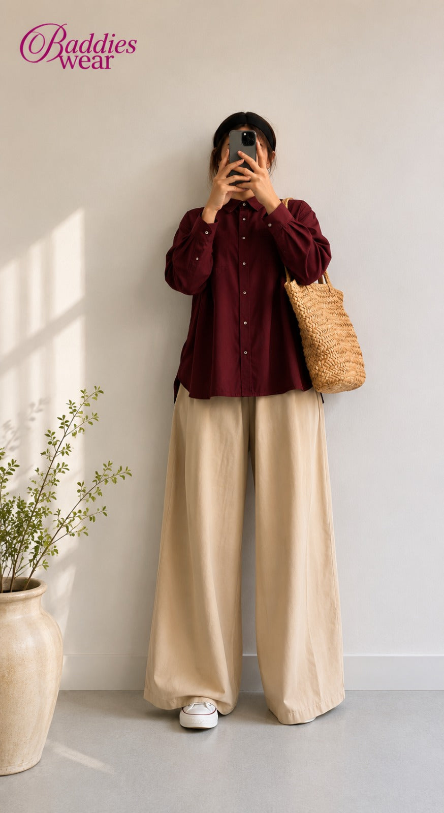 Burgundy Button Down Shirt & Beige Flapper Trouser