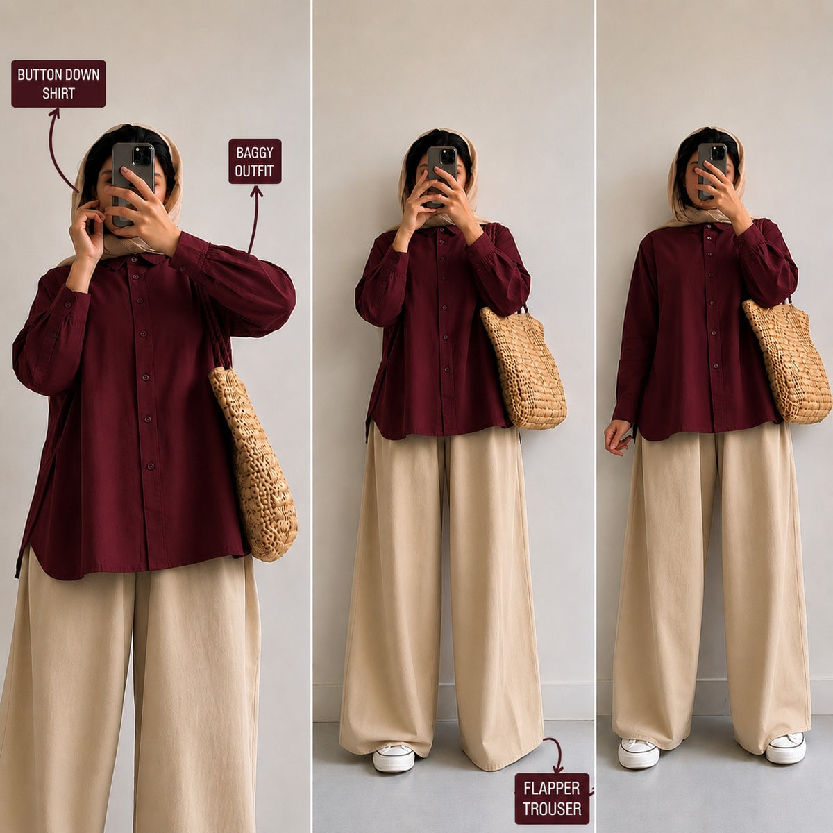 Burgundy Button Down Shirt & Beige Flapper Trouser