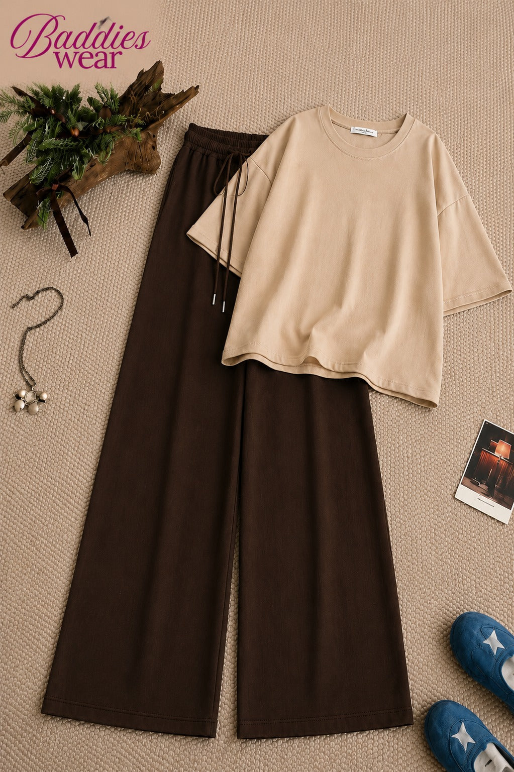 Beige Oversized Tee With Dark Brown Flapper Trouser
