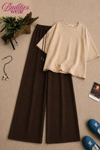 Beige Oversized Tee With Dark Brown Flapper Trouser
