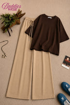 Dark Brown Oversized Tee With Beige Flapper Trouser