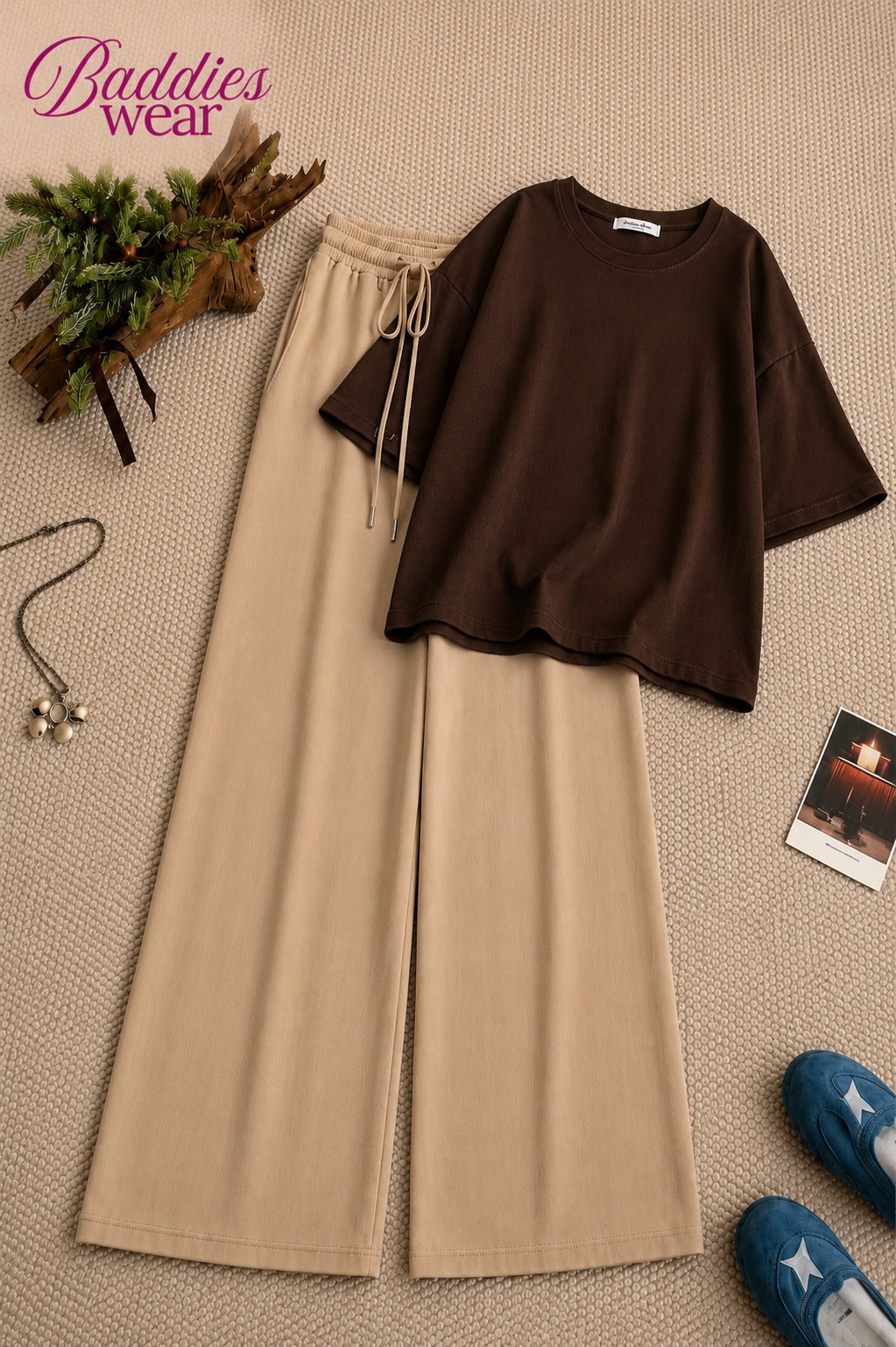 Dark Brown Oversized Tee With Beige Flapper Trouser