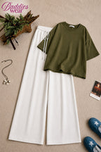 Olive Green  Oversized Tee With White Flapper Trouser