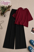 Burgundy Oversized Tee With Black Flapper Trouser