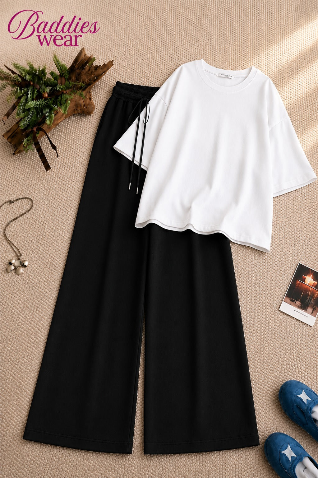 White Oversized Tee With Black Flapper Trouser