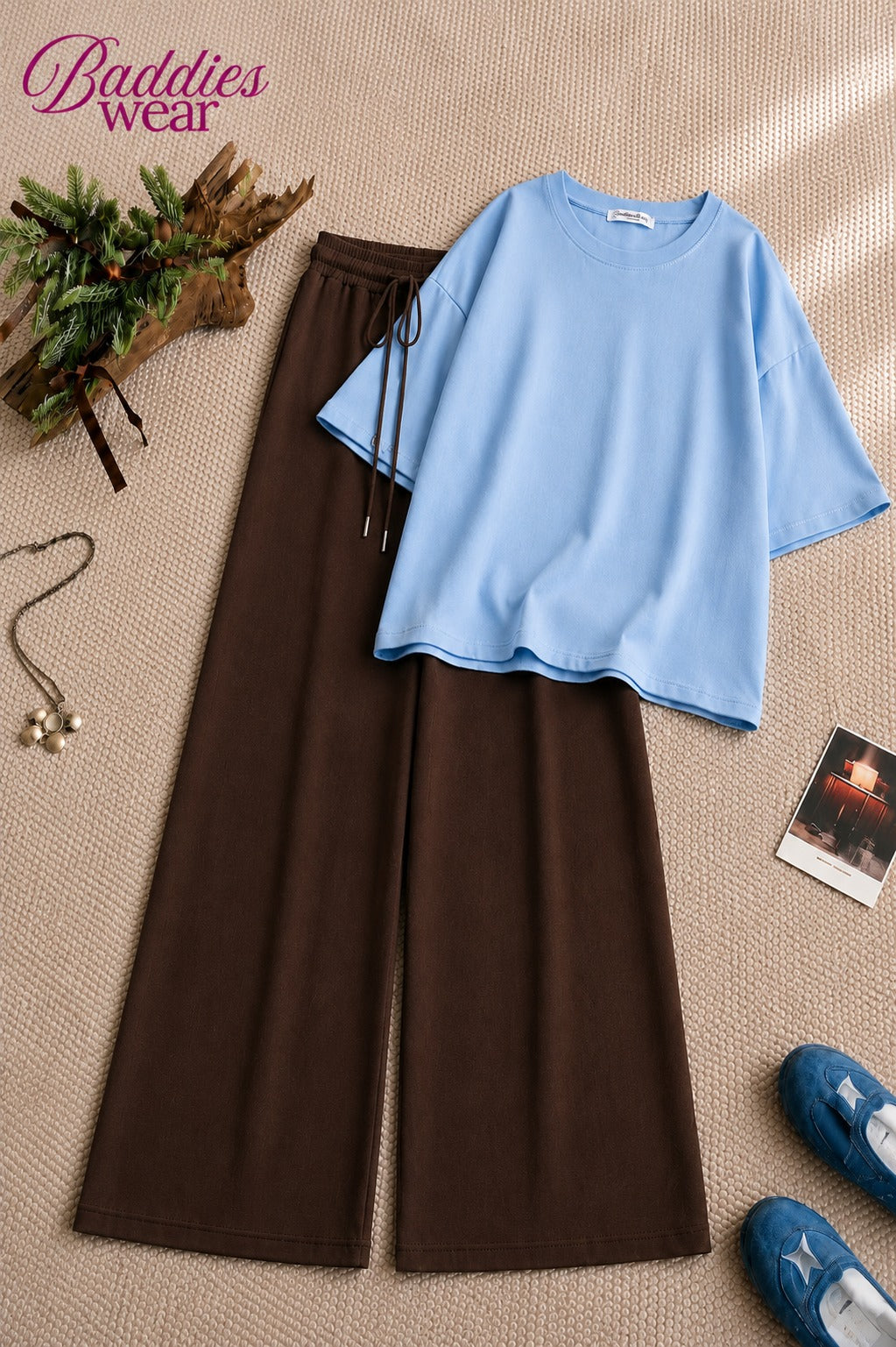 Sky Blue Oversized Tee & Chocolate Brown Flapper Trouser