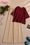 Burgundy Oversized Tee With Beige Flapper Trouser