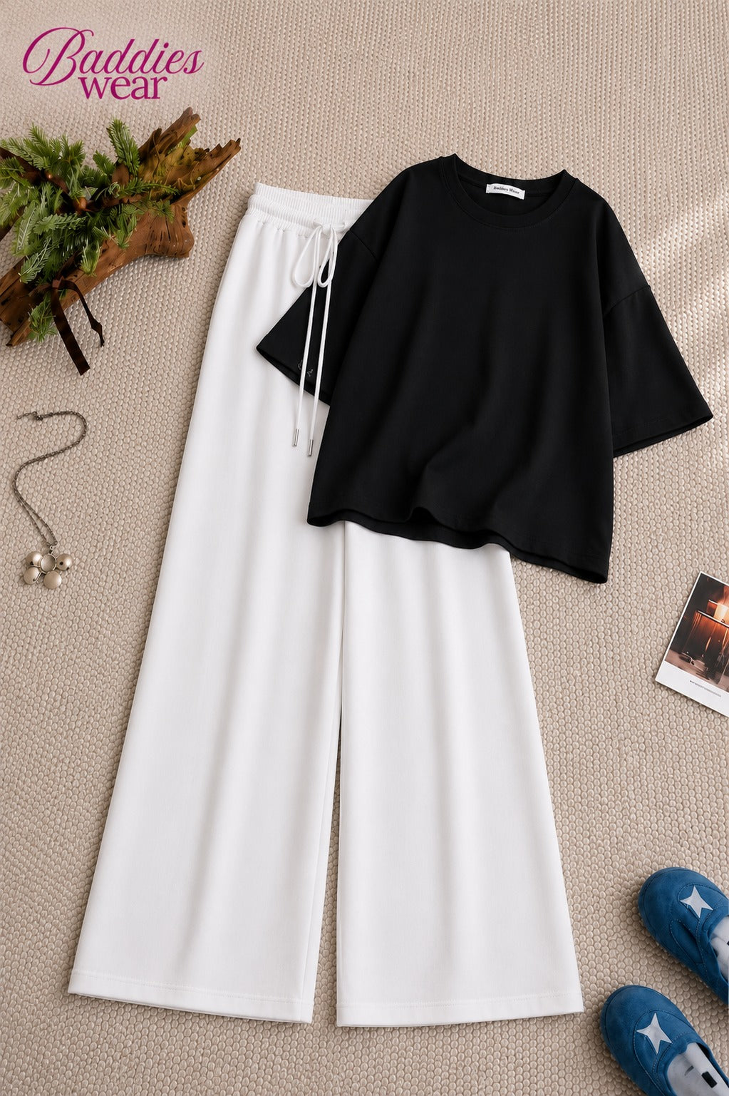 Black Oversized Tee With White Flapper Trouser