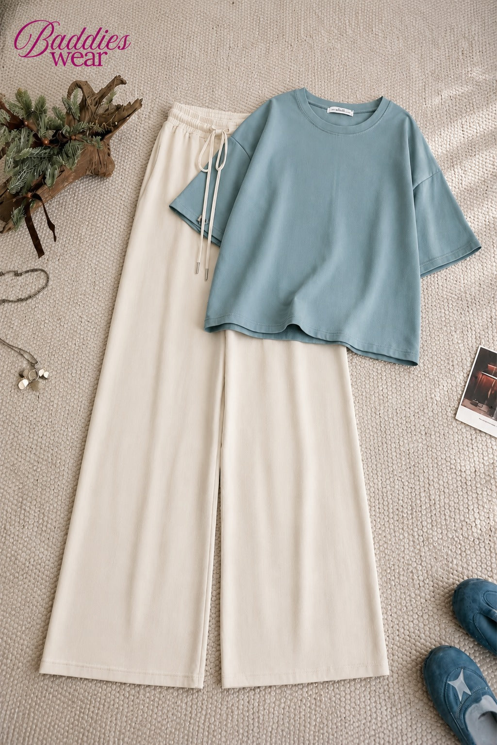 Sky Blue Oversized Tee With Beige Flapper Trouser