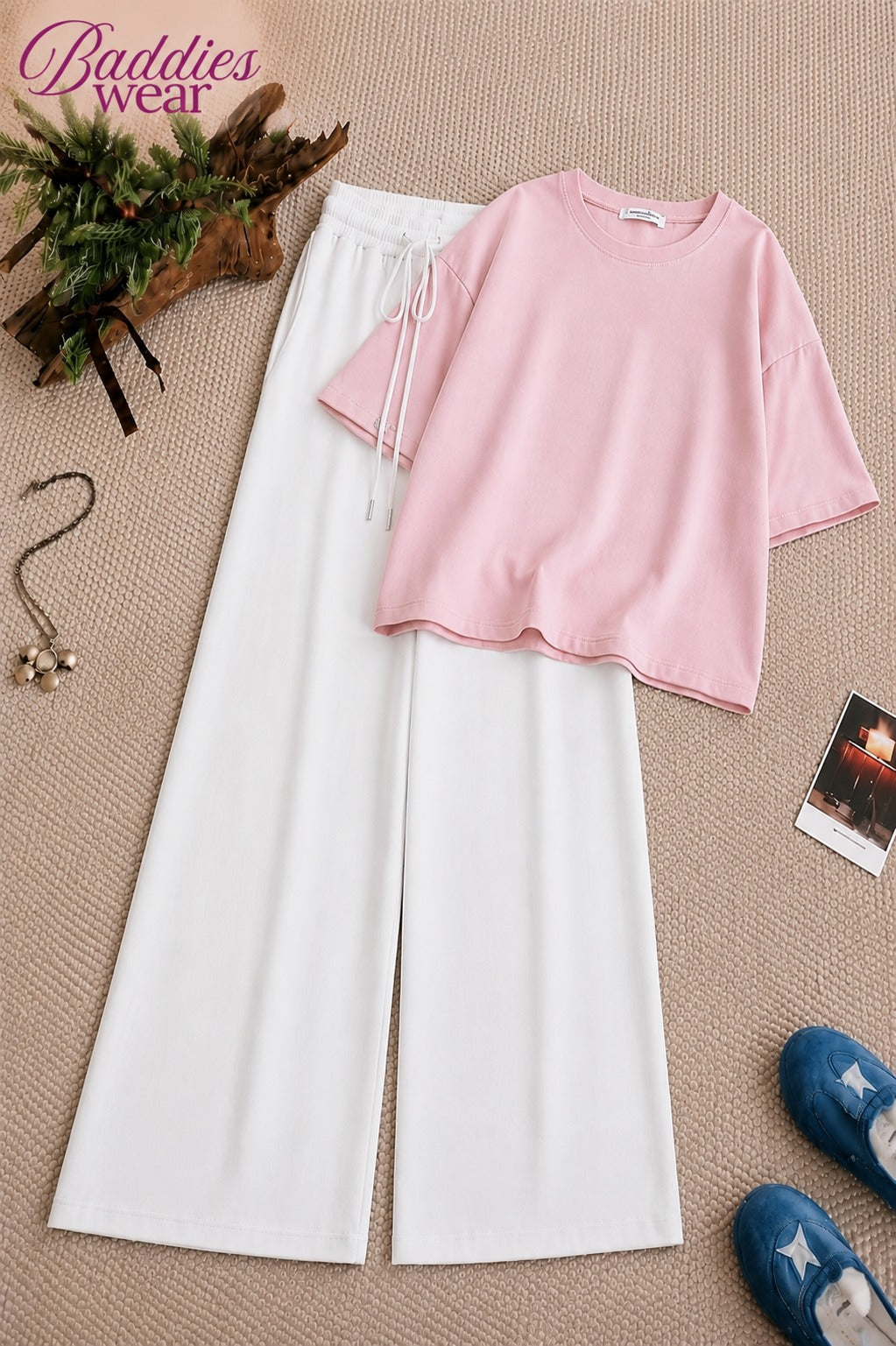Baby Pink Oversized Tee With White Flapper Trouser